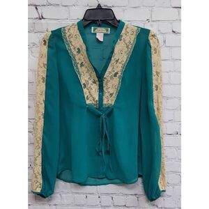 Flying Tomato Womens Lace Tie Front V Neck Long Sleeve Green White Blouse S